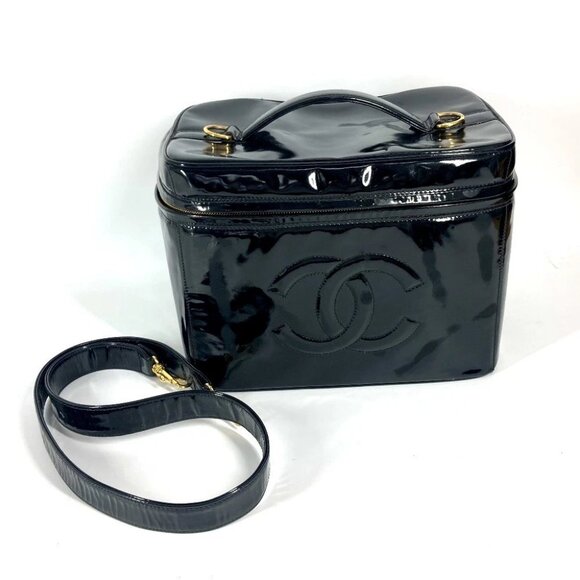 CHANEL vintage CC Vanity Bag 2WAY Shoulder Bag Hand Bag Patent Leather Black - Picture 1 of 14